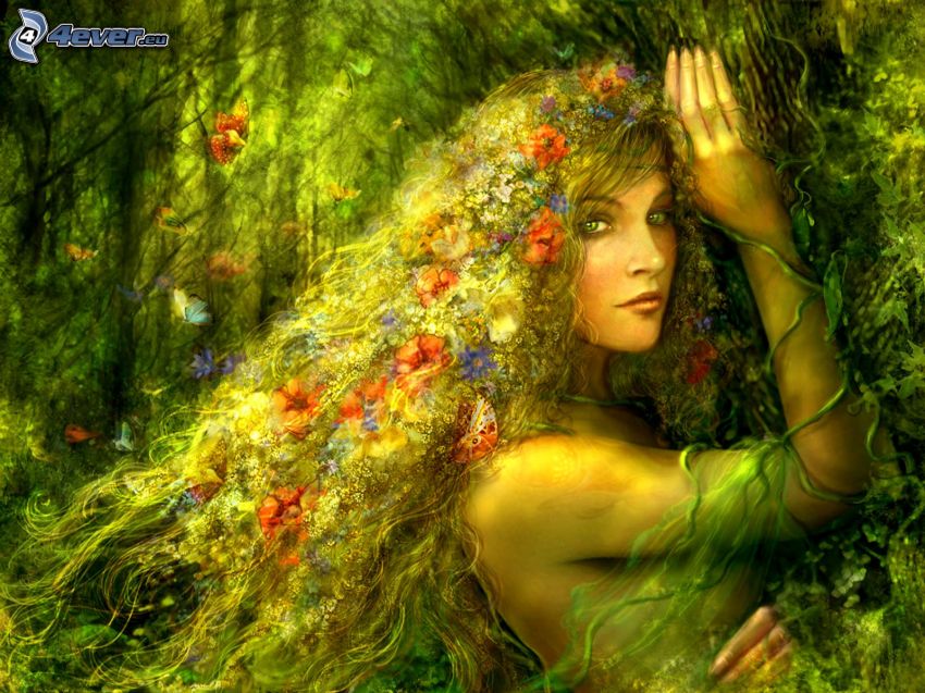 víla v lese, kvety, vlasy, motýle