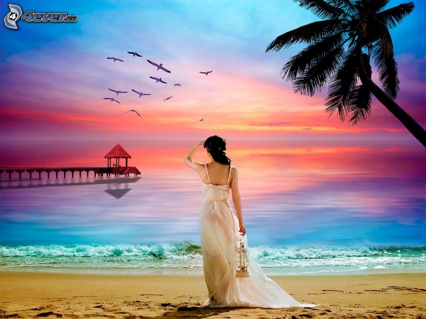 žena na pláži, drevené mólo, palma nad piesočnou plážou, farebná obloha