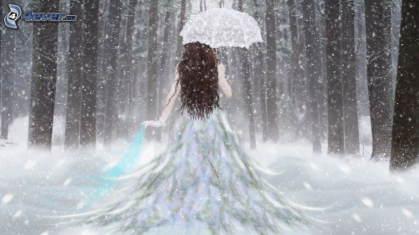 žena v lese, zasnežený les, biele šaty, dáždnik