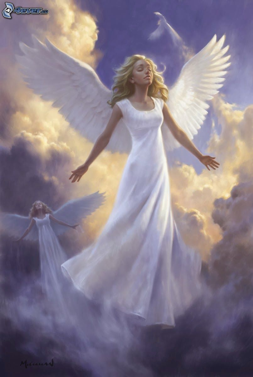 anjeli, biele šaty, oblaky