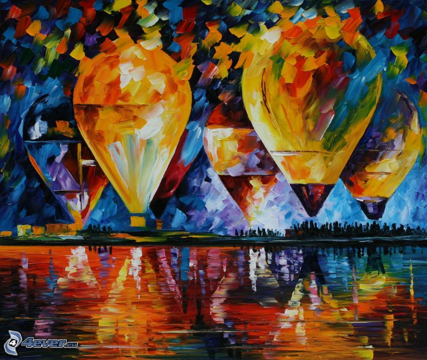 balóny, jazero, olejomaľba, obraz