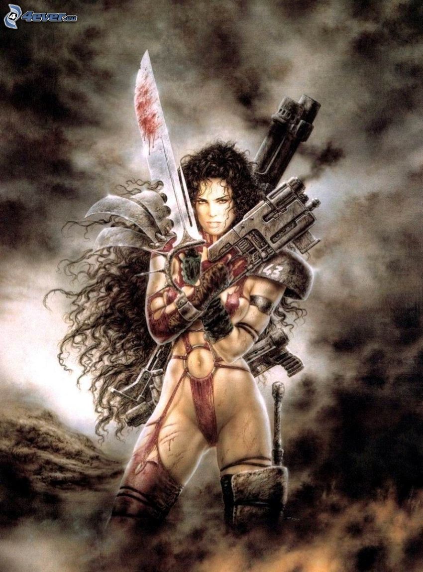 bojovníčka, kreslená žena, zbrane, Luis Royo