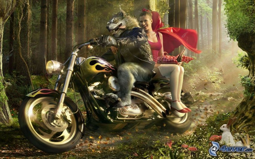 Červená čiapočka, kreslený vlk, motorka