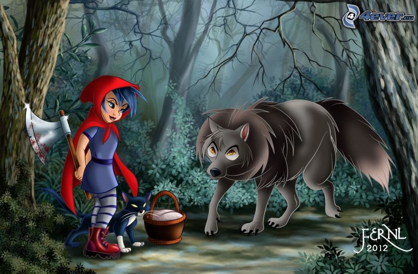 Červená čiapočka, sekera, vlk, tmavý les, čierna mačka