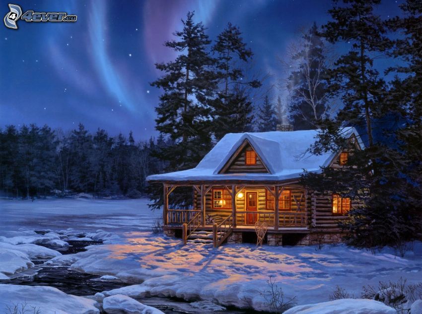 chatka, les, sneh, polárna žiara, Thomas Kinkade