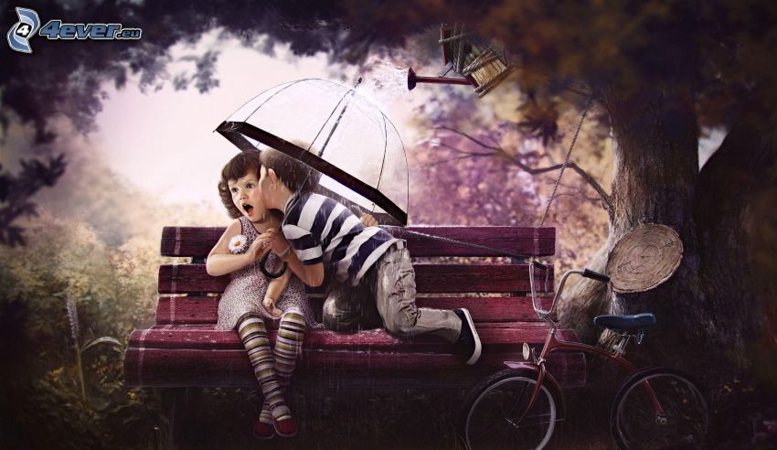 chlapec a dievča, pusa, dáždnik, lavička, bicykel