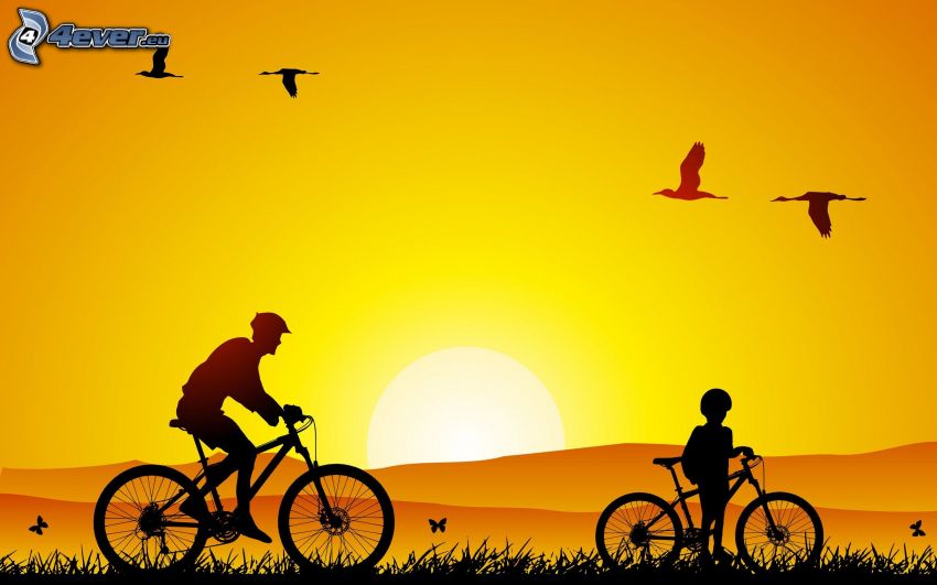 cyklisti, oranžový západ slnka, siluety