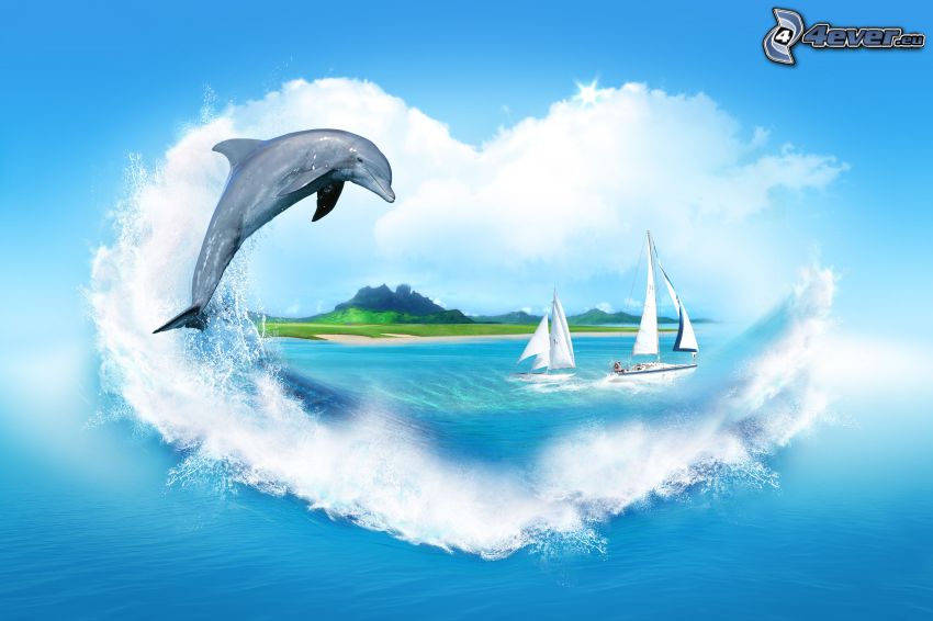 delfín, more, plachetnice, srdiečko