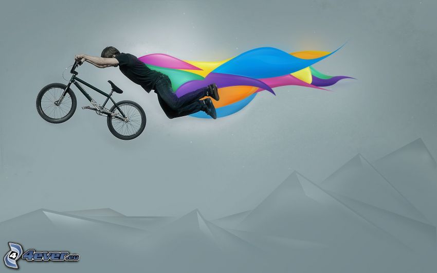 cyklista, BMX, let, plášť, farby, kopce