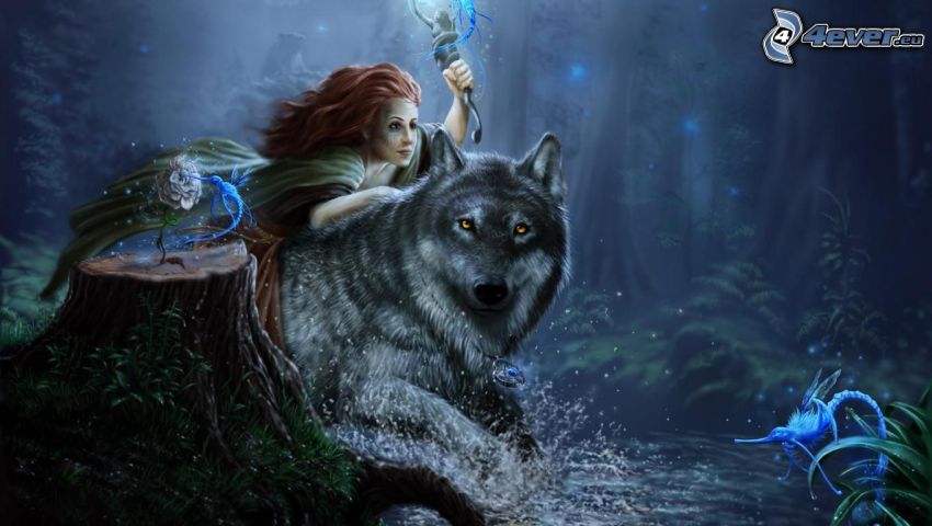 dievča na vlkovi, nočná víla, víla v lese, fantasy