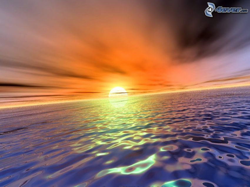 digitálna vodná krajina, západ slnka za morom, oranžová obloha