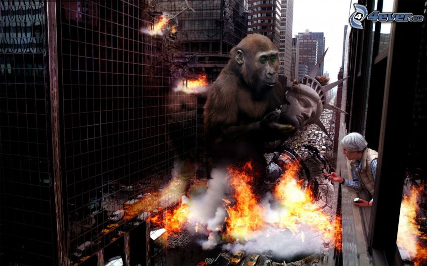 gorila, Socha slobody, výbuch, plamene, budovy