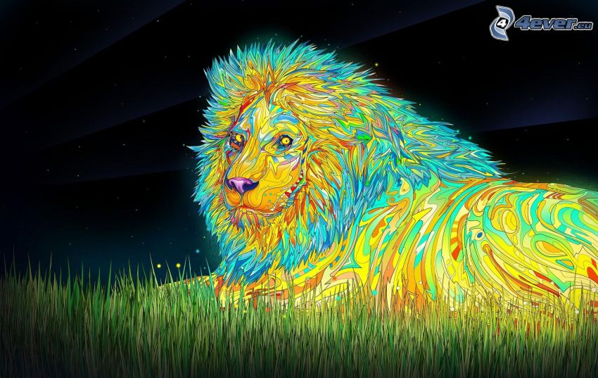 kreslený lev, farby, tráva, noc, hviezdy
