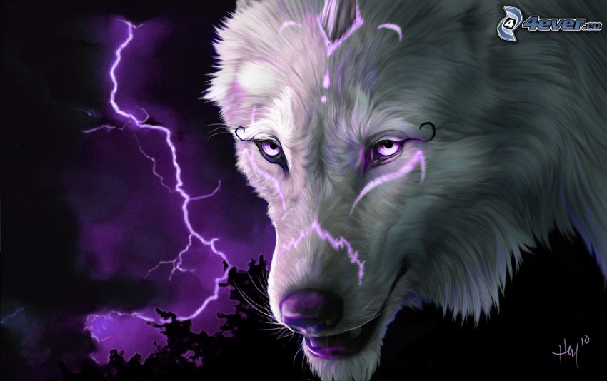 kreslený vlk, blesk
