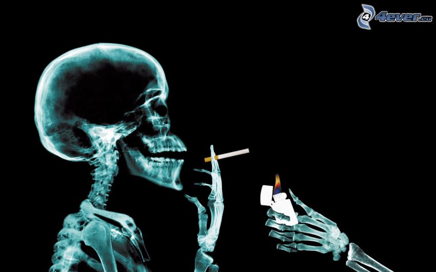 lebka, kostra, cigareta, fajčenie