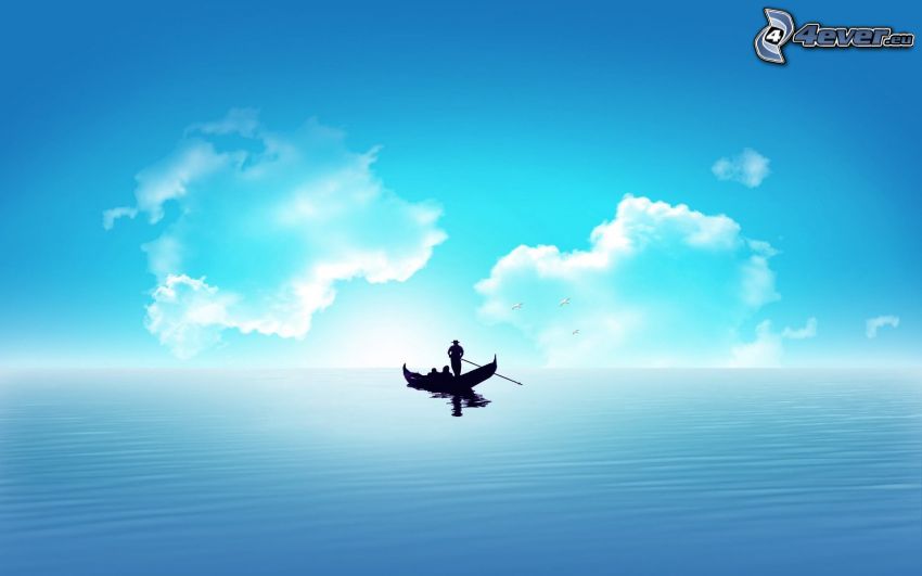 loďka na mori, siluety, more, oblaky