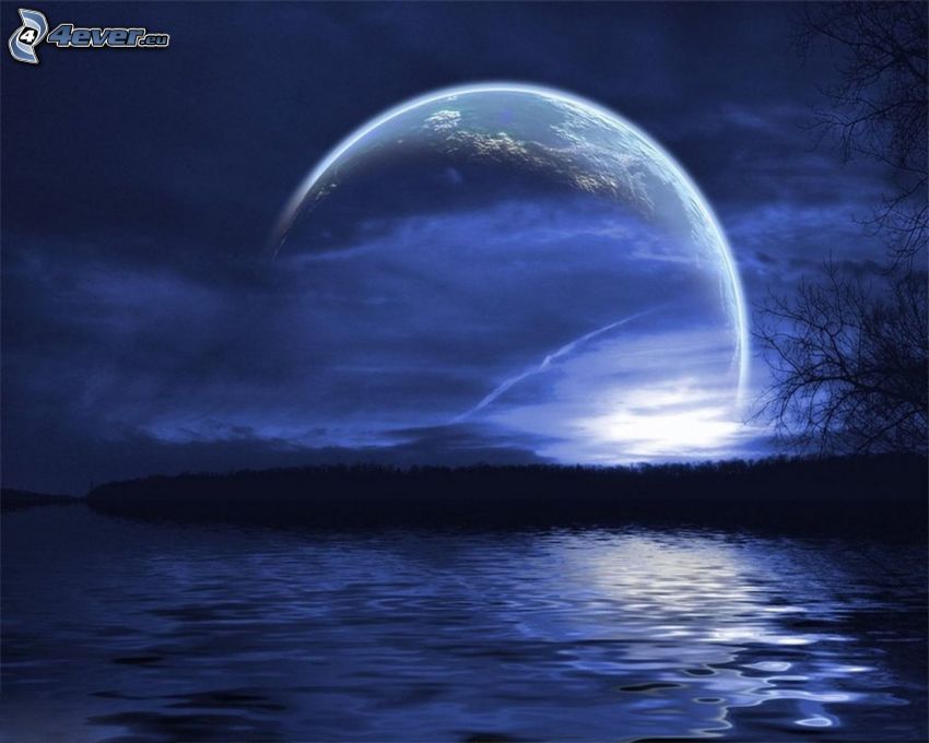 mesiac nad hladinou, jazero, rieka