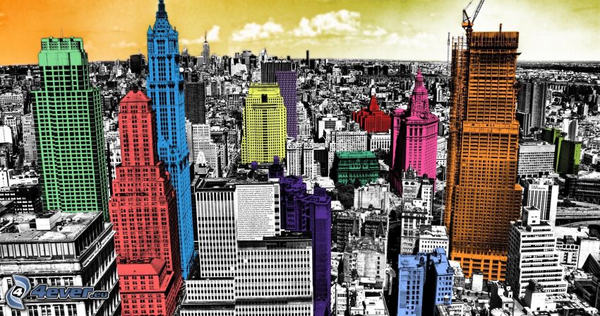 New York, Manhattan, farebné domy, mrakodrapy, výhľad na mesto