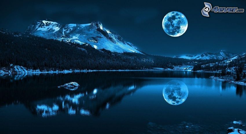nočná krajina, jazero, hory, odraz, Mesiac
