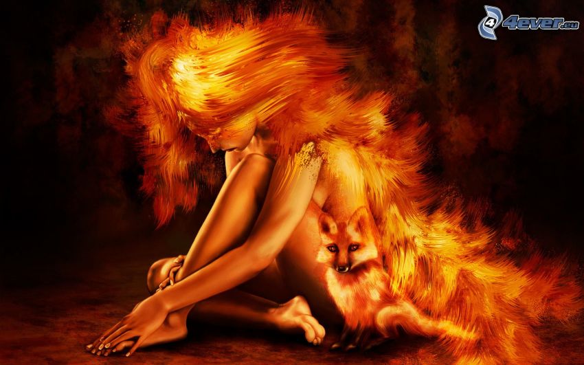 ohnivá žena, kreslené dievča, líška