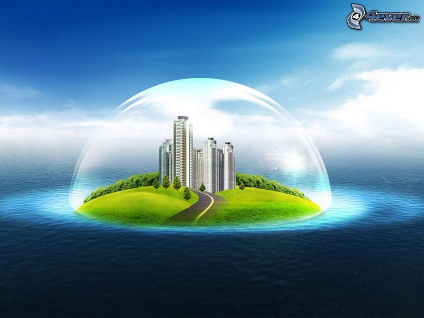 ostrov, more, mrakodrapy, bublina
