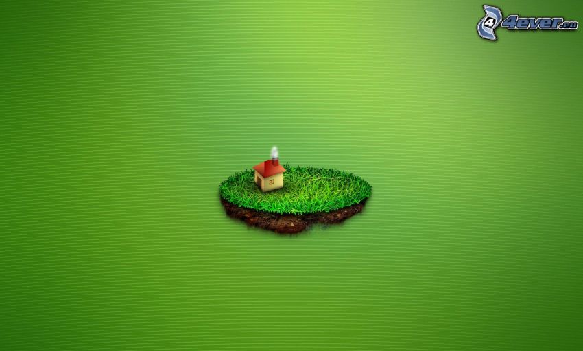 ostrovček, domček, zelené pozadie