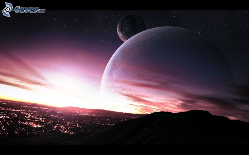 planéty, fialová obloha, večerné mesto
