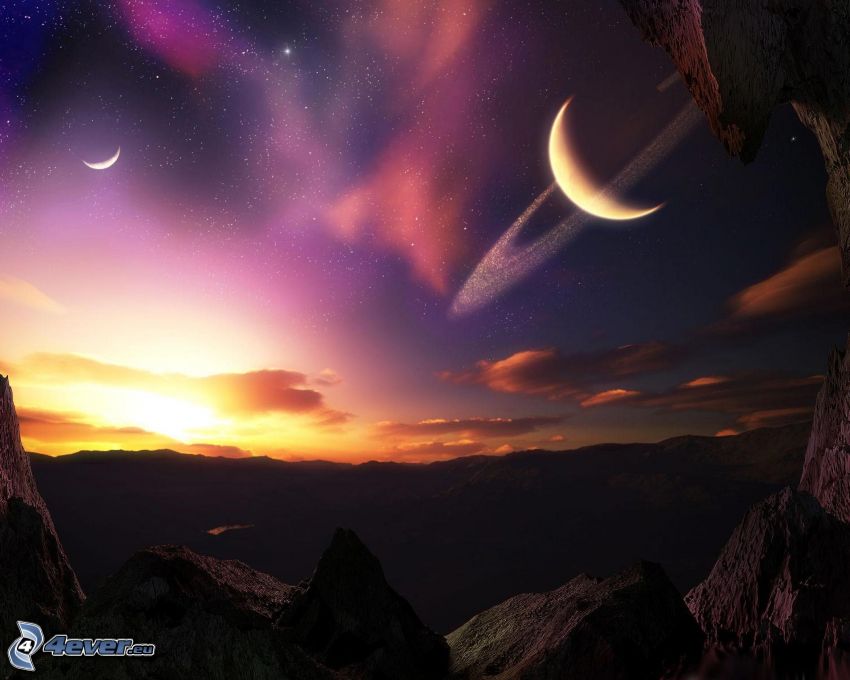sci-fi krajina, mesiac, planéta, hory, skaly, hviezdy, západ slnka