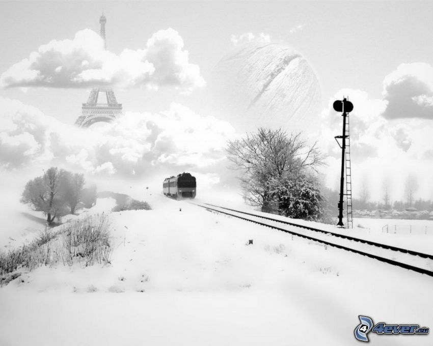 vlak, sneh, koľajnice, oblaky, Eiffelova veža