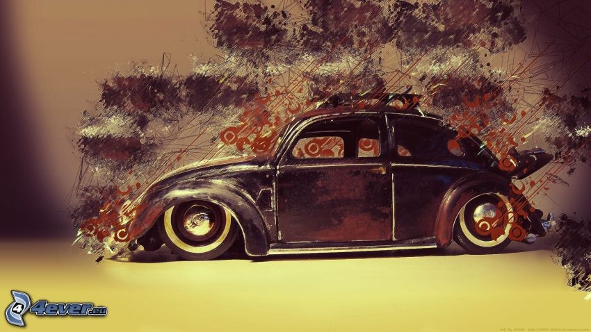 Volkswagen Beetle, veterán, kreslené auto