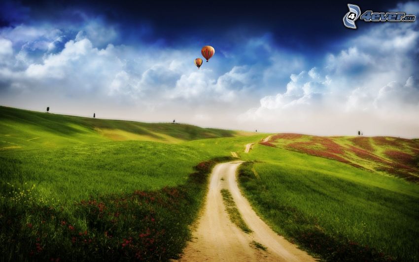 zelená krajina, poľná cesta, balóny