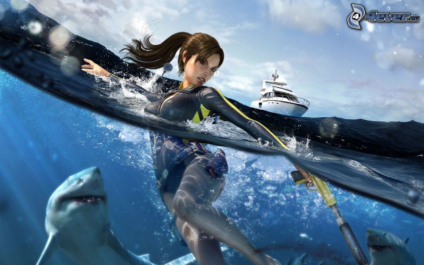žena v mori, žralok, jachta