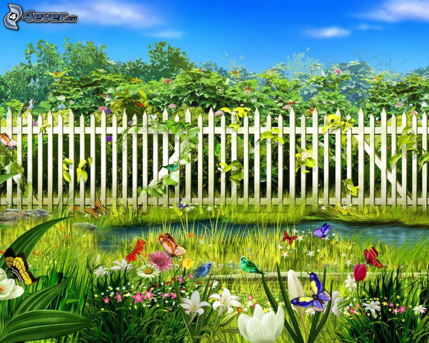 drevený plot, kvety, stromy, motýle