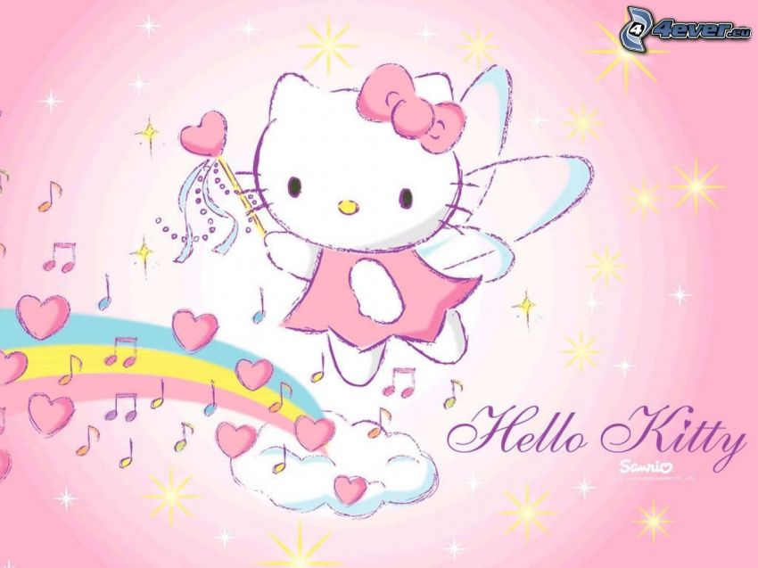 Hello Kitty, kreslený anjel, srdiečka, noty