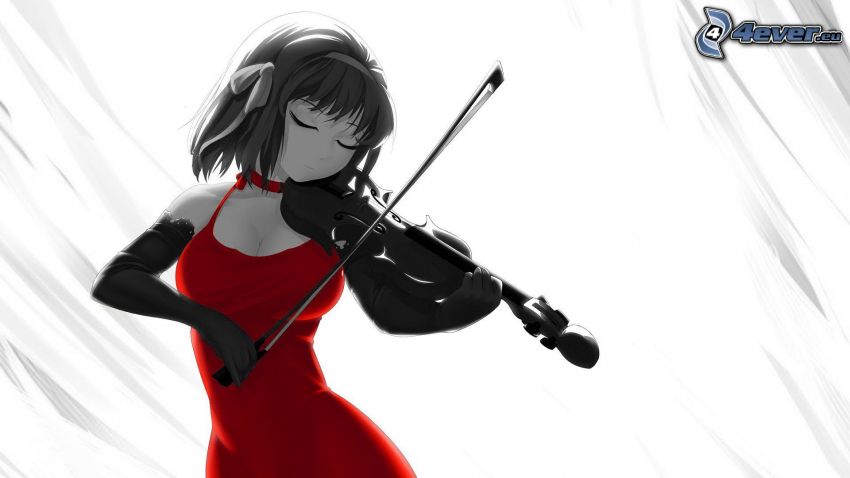 hra na husle, huslistka, červené šaty