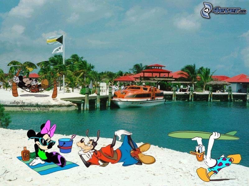 Káčerovci, Mickey Mouse, Minnie, Goofy, káčer Donald, pláž, Disney postavičky