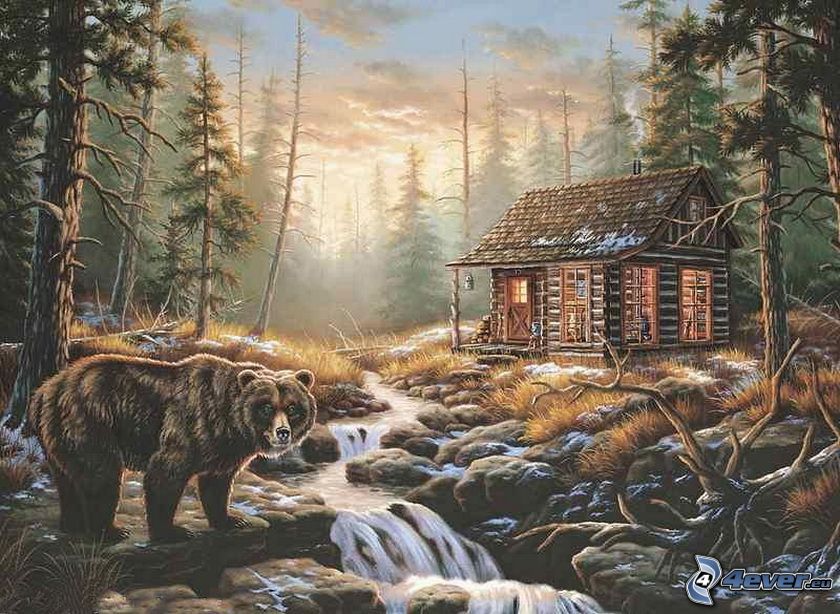 kreslená chatka, les, medveď, rieka, potok