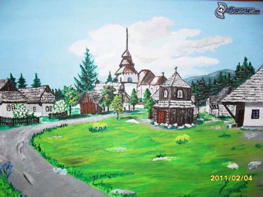 kreslená dedinka, maľba, obraz