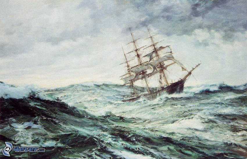 kreslená plachetnica, rozbúrené more