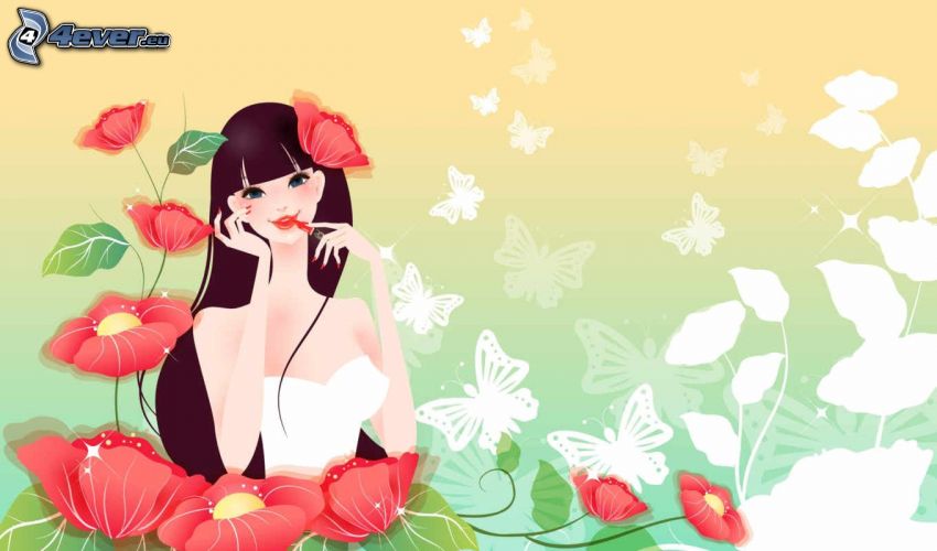 kreslená žena, červené kvety, motýle