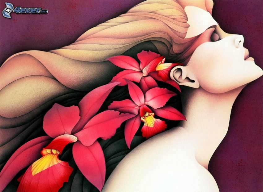 kreslená žena, červené kvety