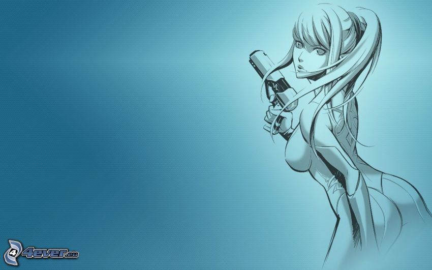 kreslená žena, dievča so zbraňou