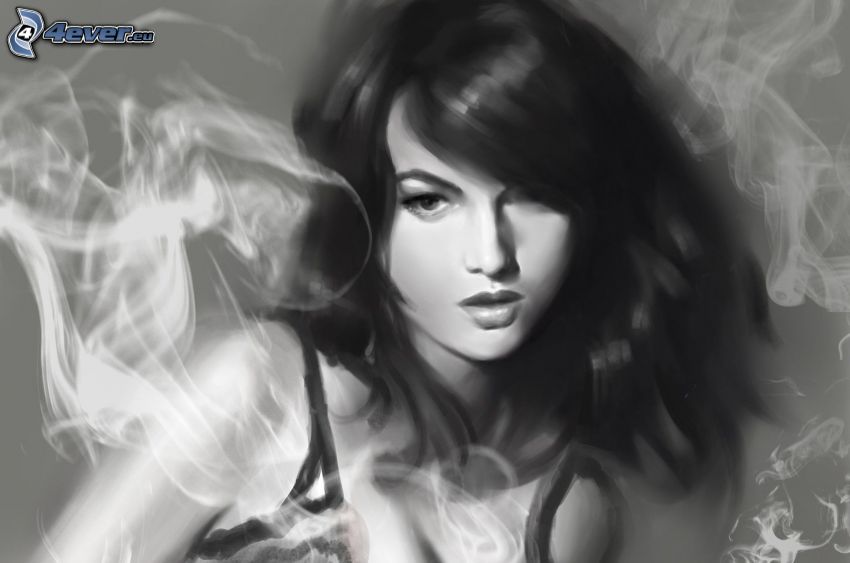 kreslená žena, dym, čiernobiele
