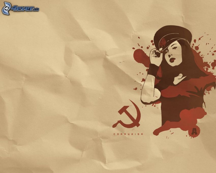 kreslená žena, papier, komunizmus, kosák a kladivo