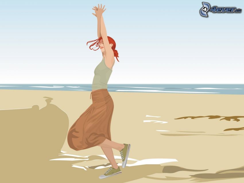 kreslená žena, pláž, more
