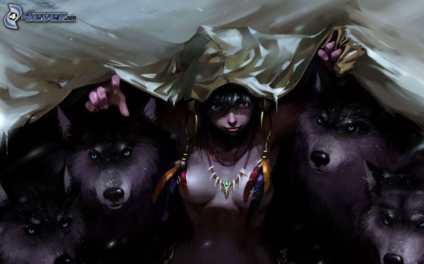 kreslená žena, psi, Sibírsky husky