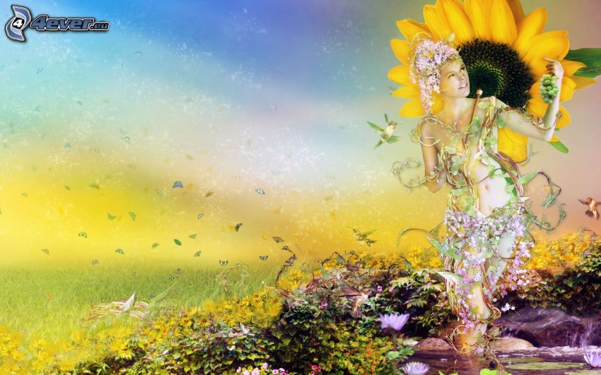 kreslená žena, slnečnica, lúka, kvety