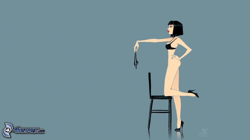 kreslená žena, stolička, lodičky, čierne spodné prádlo, bez nohavičiek