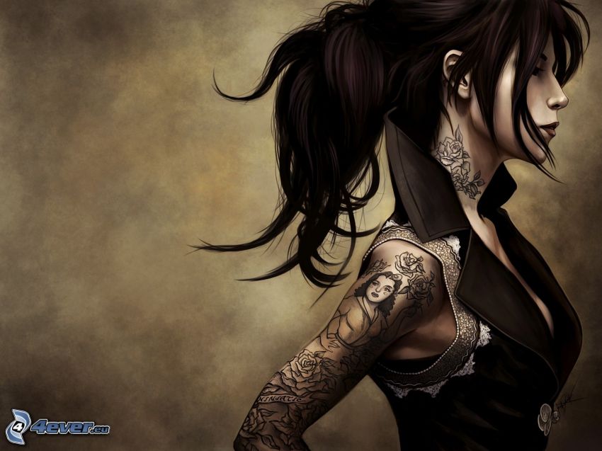 kreslená žena, tetovanie