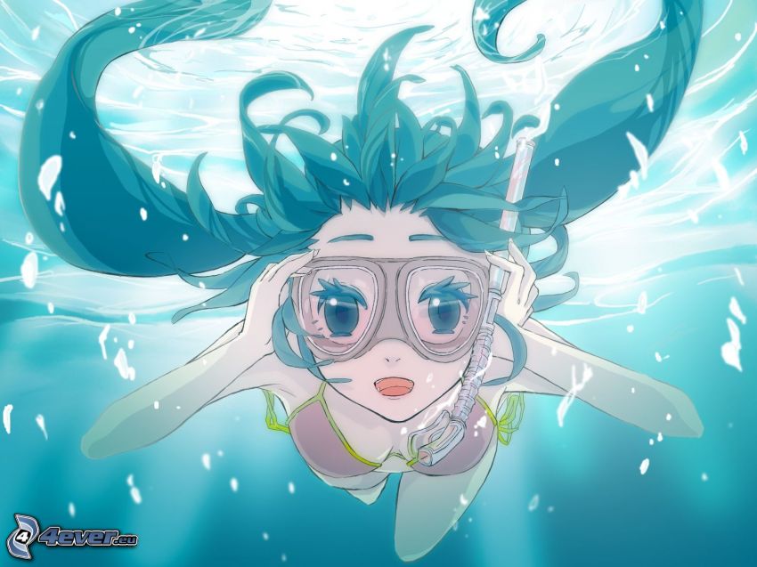 kreslená žena, žena v plavkách, potápačské okuliare, plávanie pod vodou